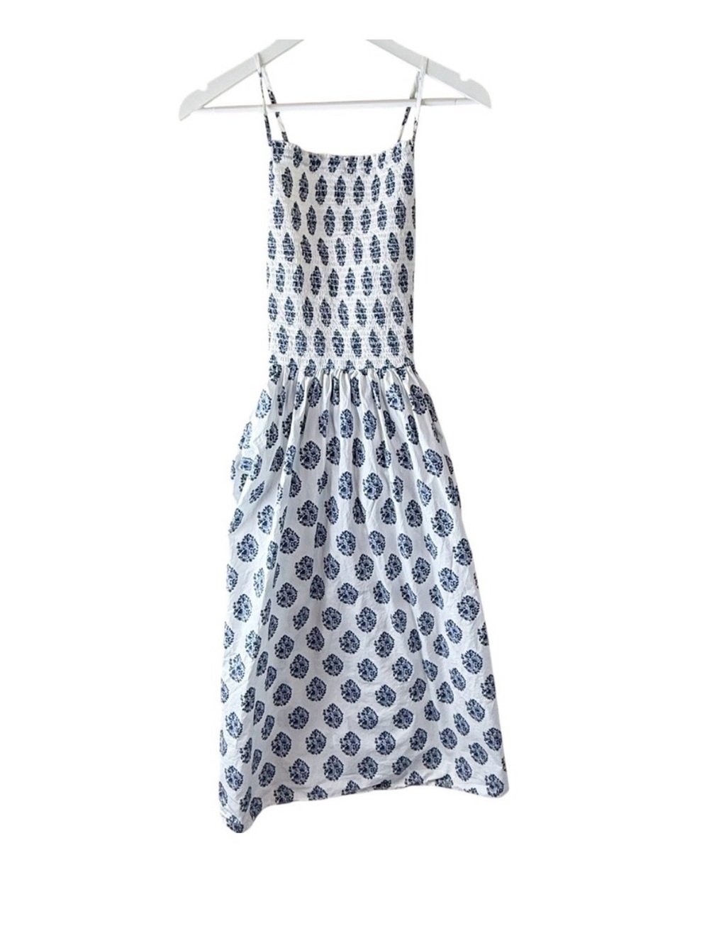 J.Crew Friday Dress Blue White Block Print Smocked Dress Pockets BI569 Womens L